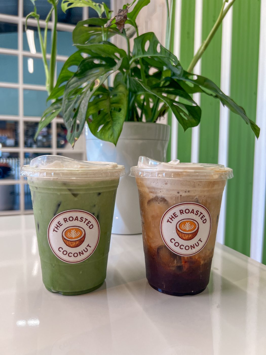 Iced matcha latte and iced coffee at The Roasted Coconut