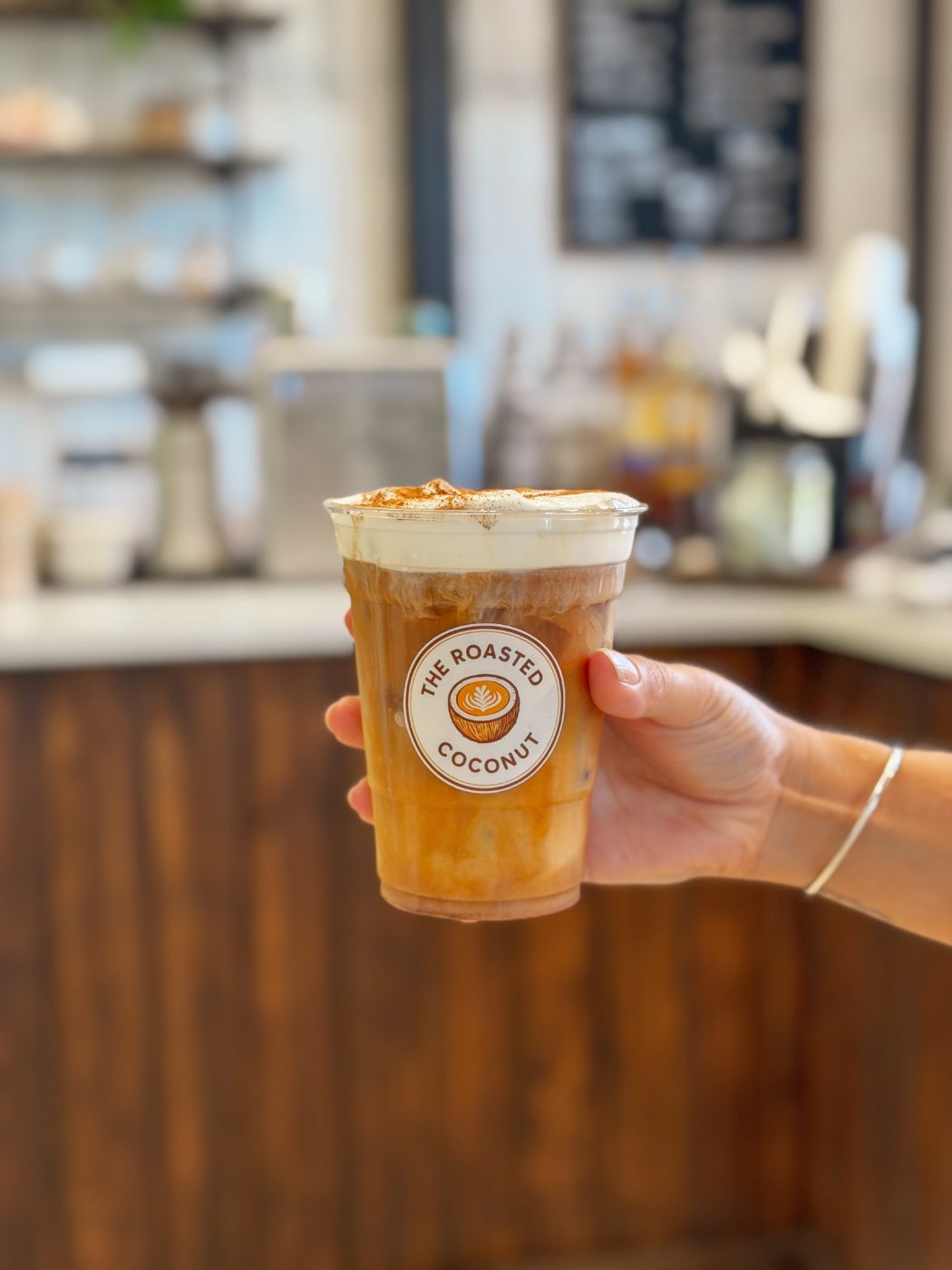 The Roasted Coconut latte in St. Thomas, iced with a cinnamon dusted cloud top