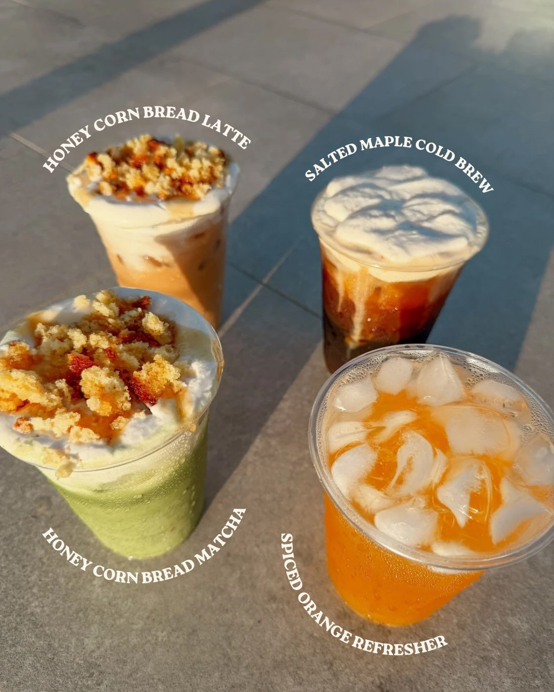 This month's specialty drinks lined up on the counter at The Roasted Coconut